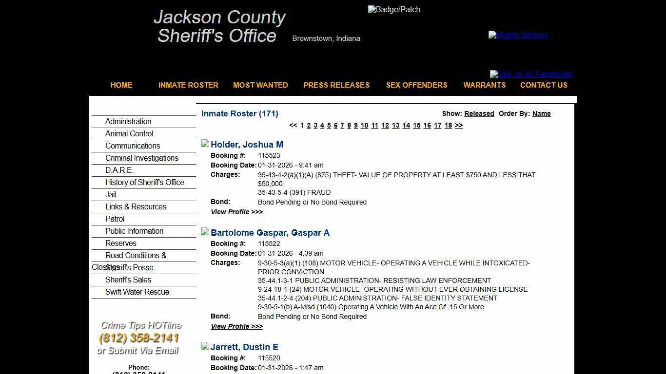 Inmate Roster - Current Inmates Booking Date Descending - Jackson County IN Sheriff